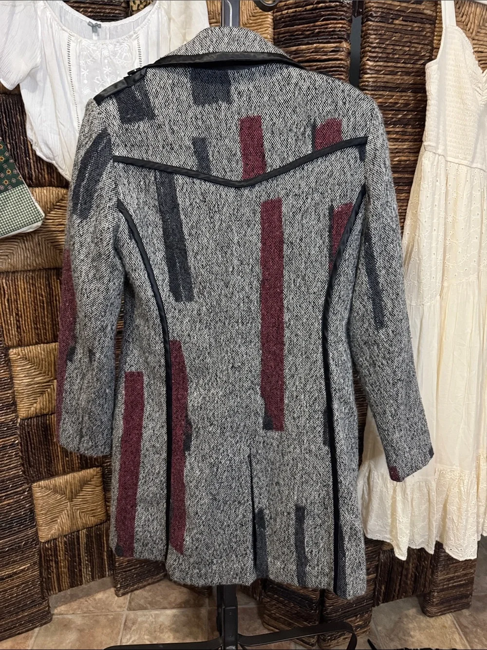 Vintage Gray Pea Coat with Burgundy and Black Accents